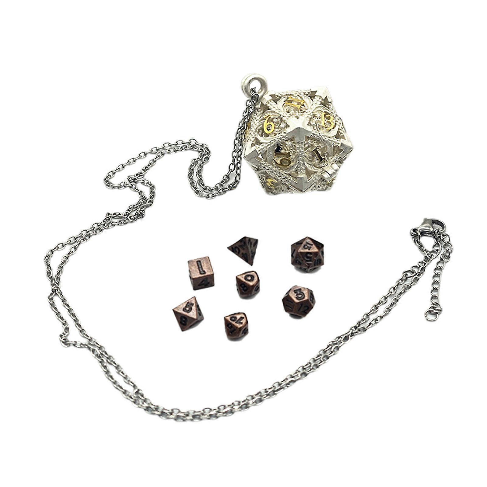 Small Dices Set Polyhedral Metal Dices Set with Hollow D20 Necklace Dices Case Keychain Portable Role Playing Dices Set  silver plus gold