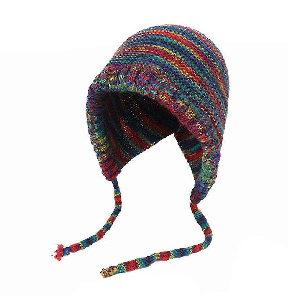 Rainbow Stripe Beanie Hand Knitted Soft Warm Winter Hat Adjustable Ear Protection Unisex