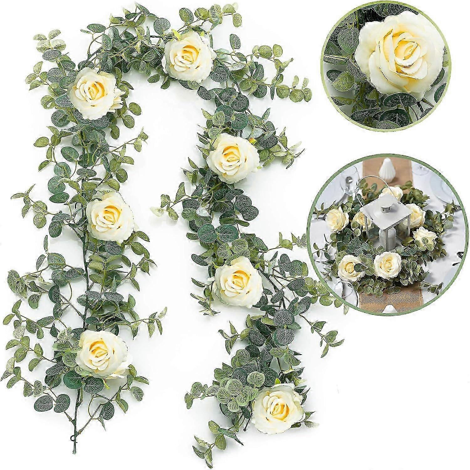 花と人工ユーカリガーランド - シャンパンローズの花の装飾