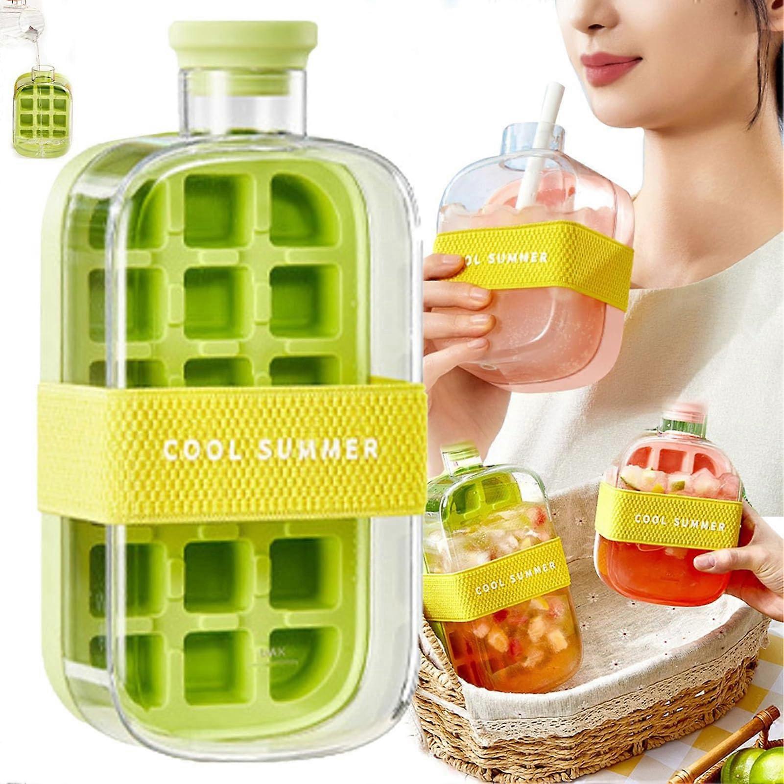 Ice Cube Bottle 800ML, 2-in-1 Touch-Free Ice Cube Tray and Water Bottle, Easy Ice Release for Drinks and Juice, Green