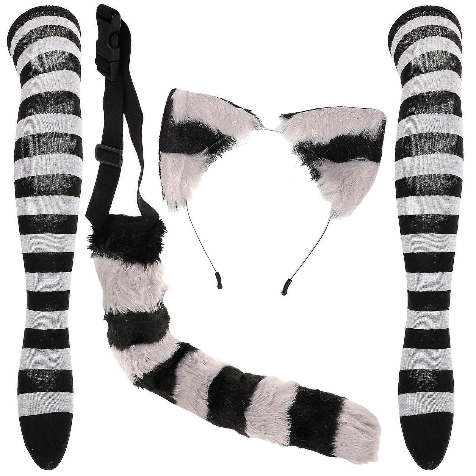 Realistic Cat Ears Headband with Tail and Striped Long Stockings – Soft Plush Cosplay Costume for Halloween – Comfortable and Durable Animal