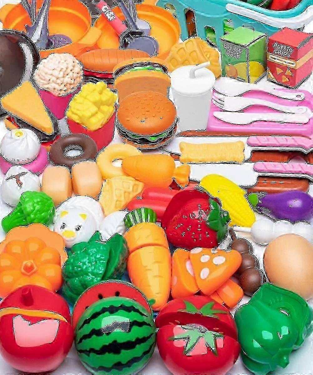 Educational Cutting Play Food Toy Set - 60 Pcs With Shopping Basket And Plastic Mini Dishes