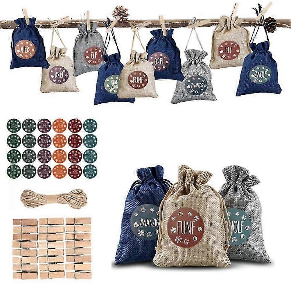 24 PCS Christmas Advent Calendar Filling Bag Set with 1-24 Advent Numbers Stickers for Wall Window Christmas Tree