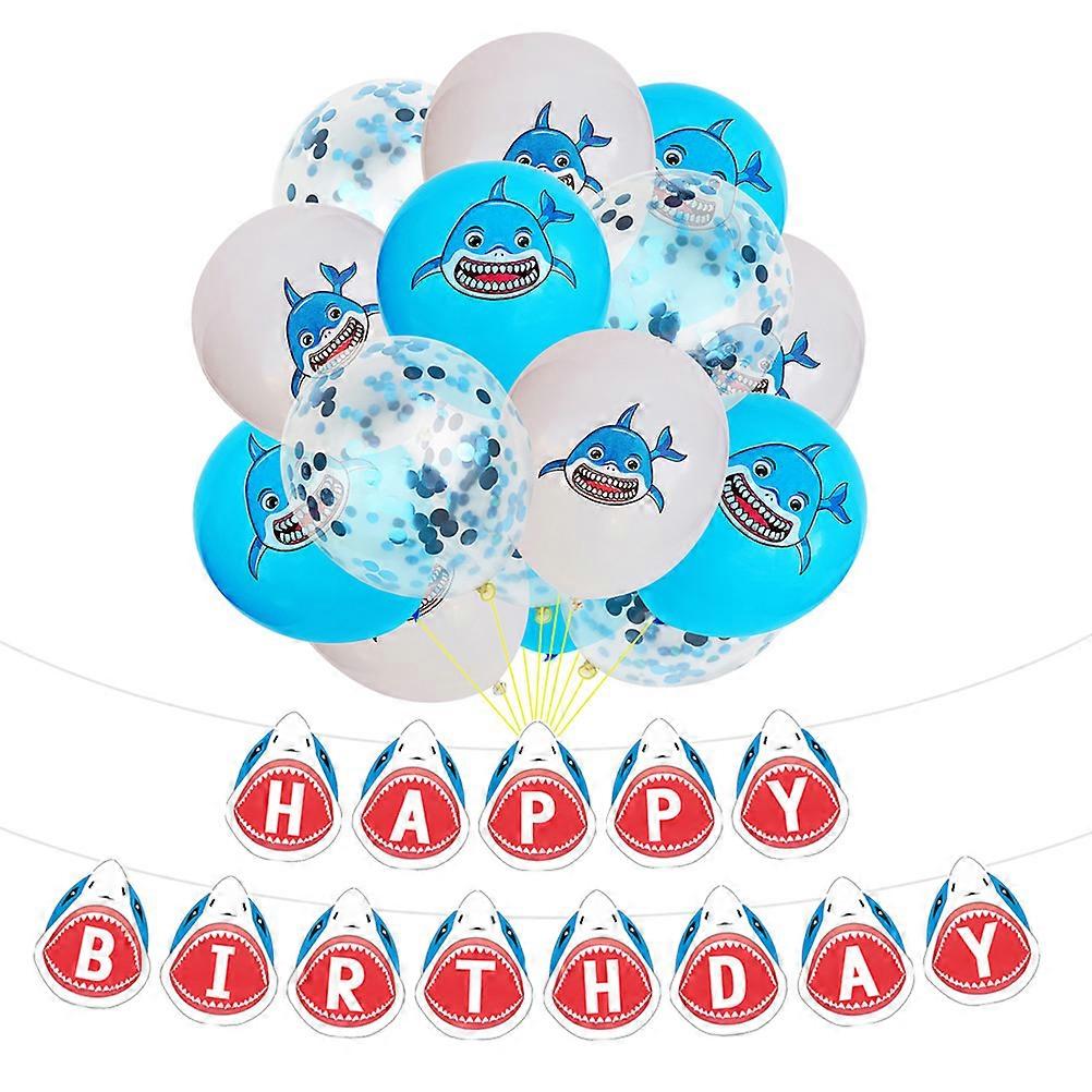 Shark Birthday Theme Banner Shark Balloons and Banners Set White for Ocean Party 16Pcs/Set