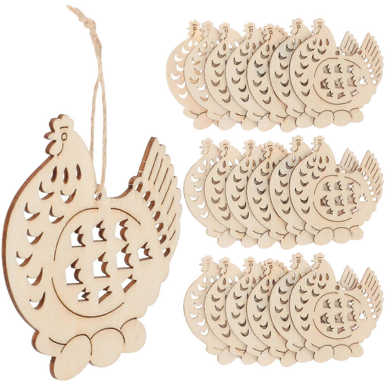 Chicken Embellishments Wood Chicken Slices Easter Decorative Pendant Beige 8x7cm Diy 20Pcs