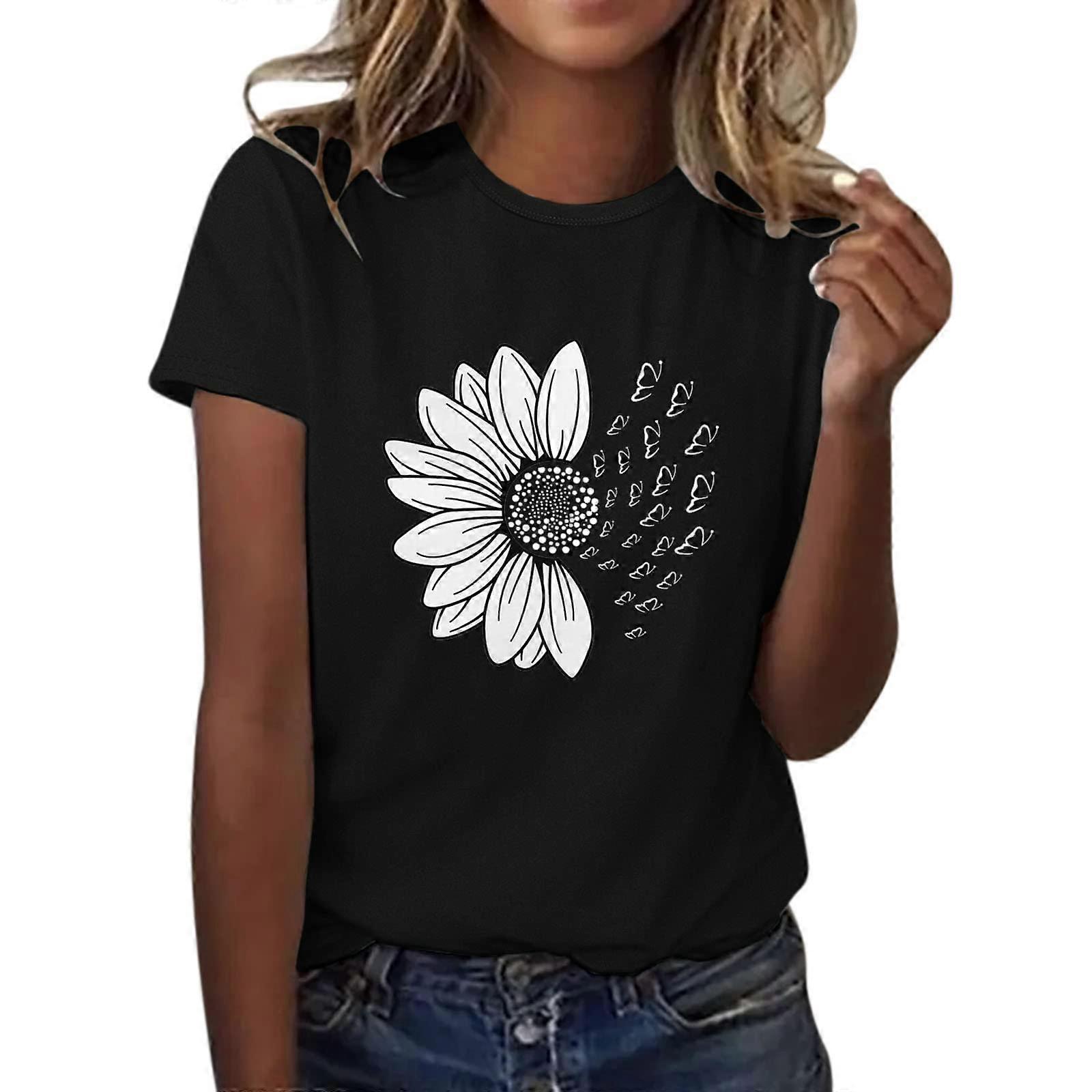 Summer Outfits Women's Sunflower T-Shirt Plus Size Loose Blouse Top Short Sleeve Graphic Casual Elegant Black XL