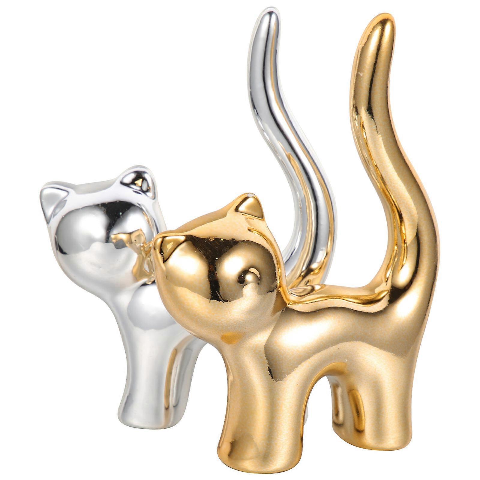 Elegant 2 Pack Ceramic Jewelry Display Holder with Unique Cat Design for Ring and Jewelry Storage and Display