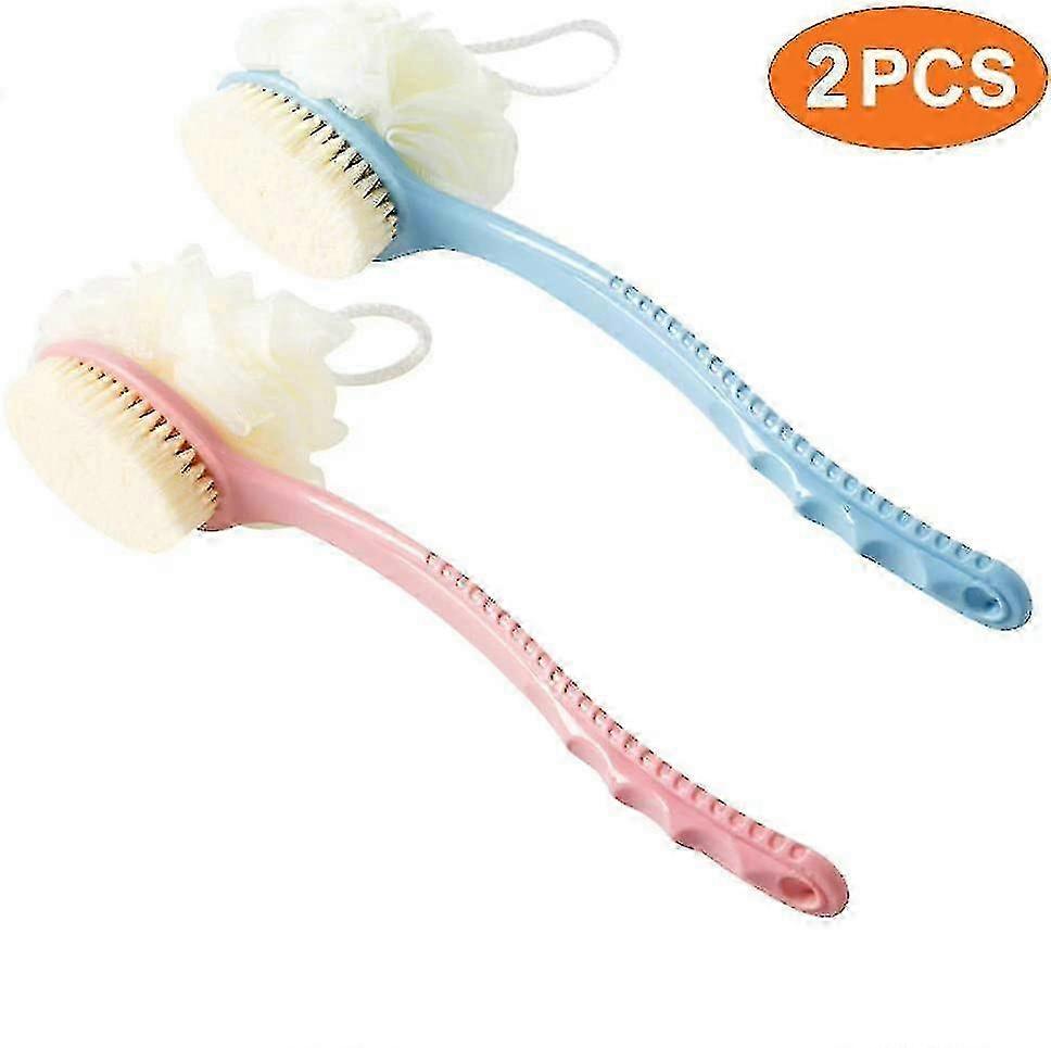Long Handle Bath Brush & Loofah Scrubber 2 Pack + 2 Hooks