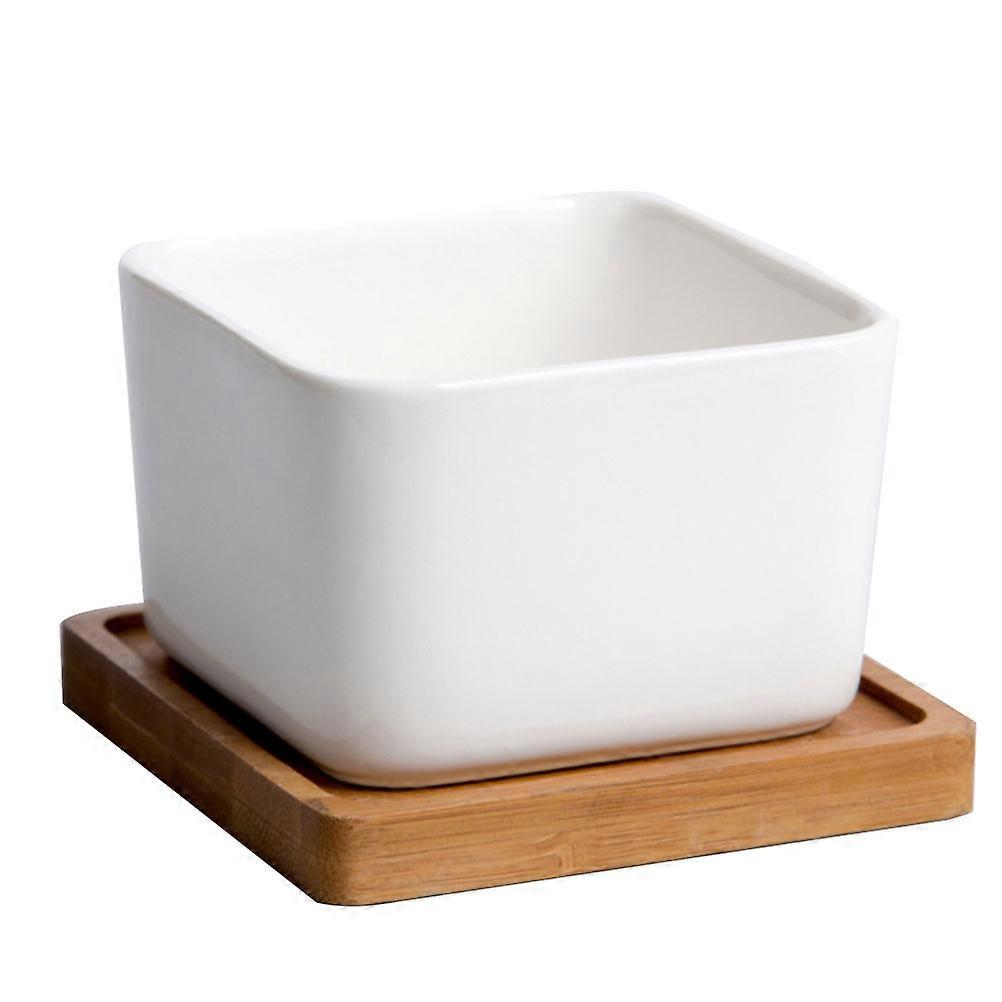 Square Ceramic Flower Pot Durable Simple Planter Creative Basin with Bamboo Tray for Succulents 1 Set