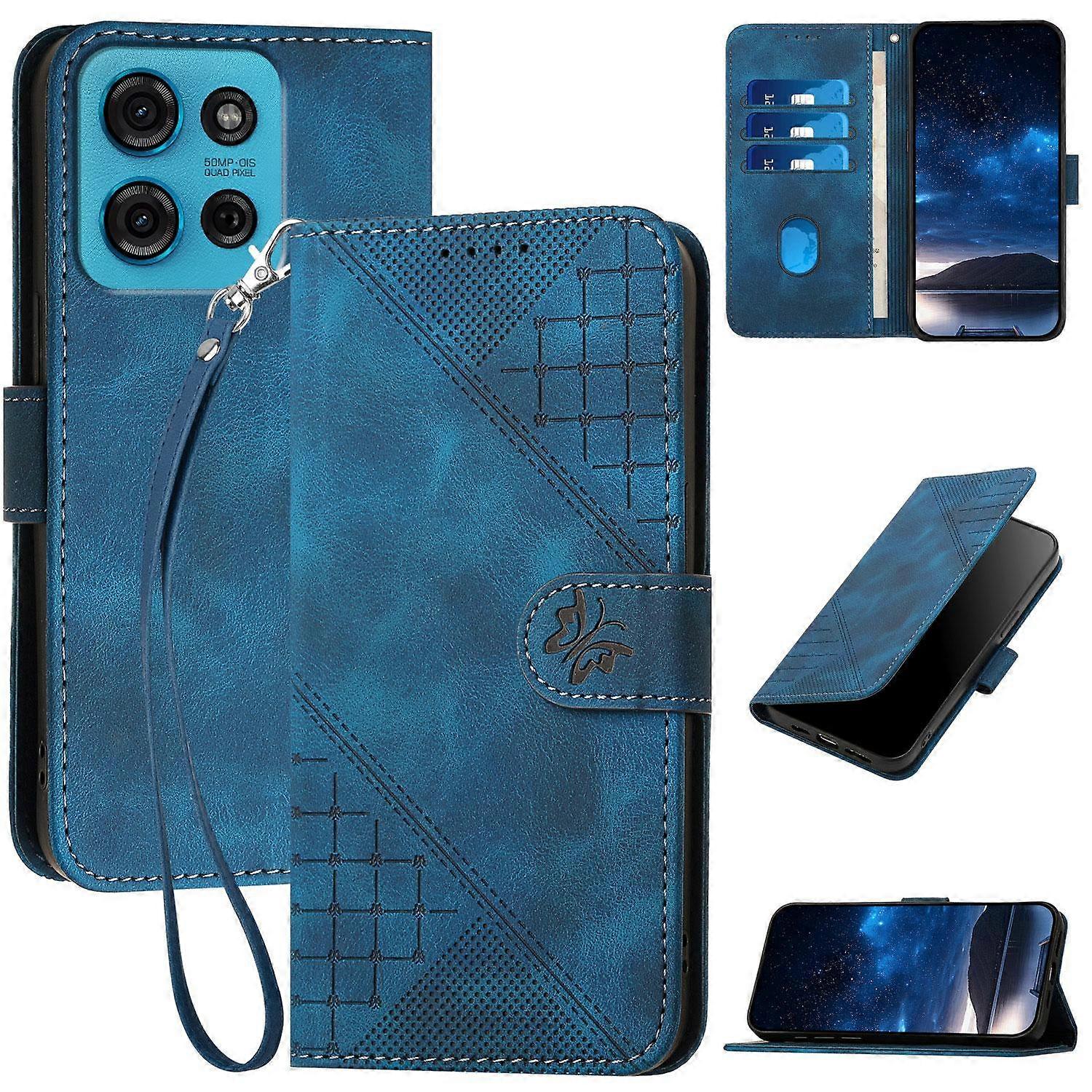 Grid Butterfly Embossed Pattern Leather Phone Case with Lanyard