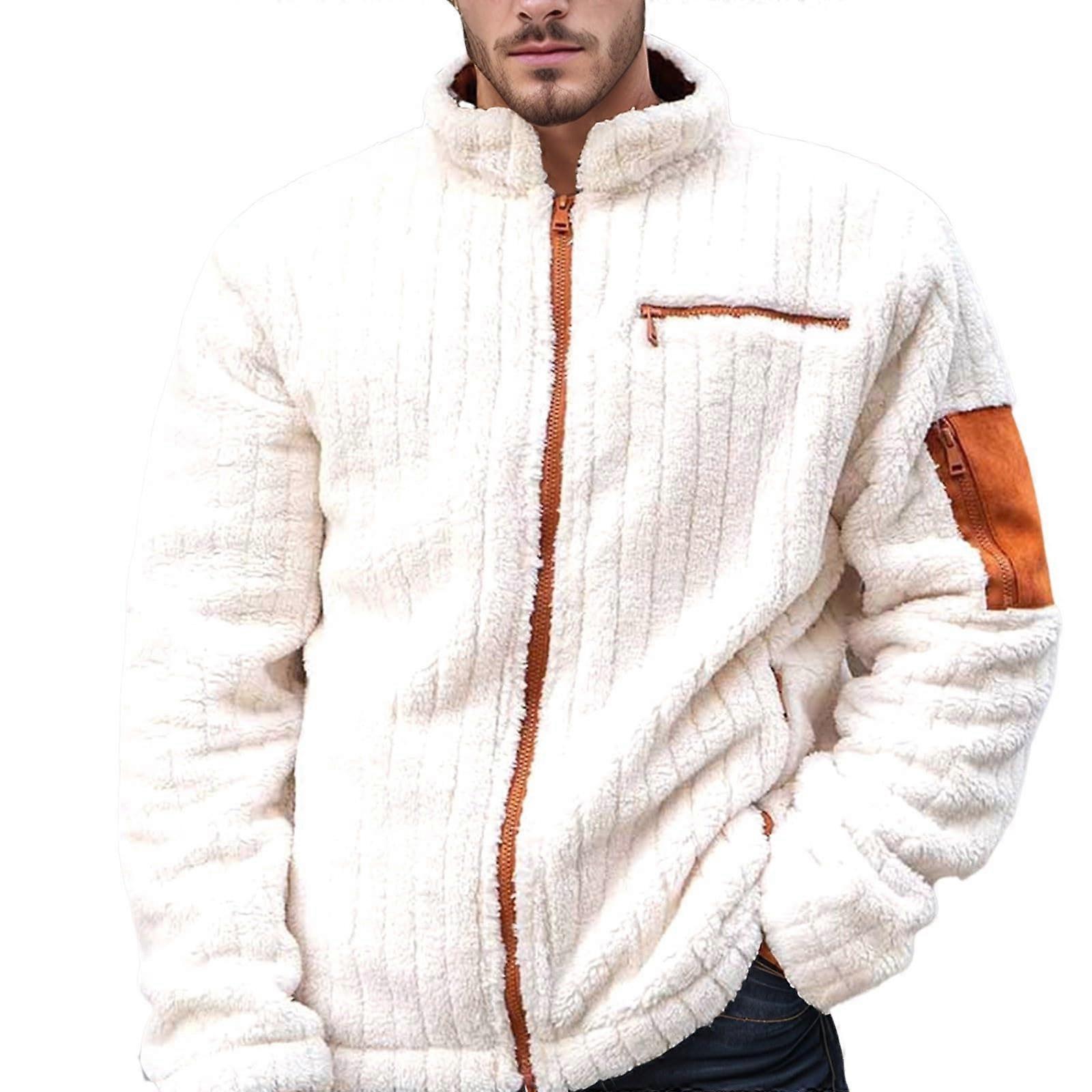 Men's Fleece Winter Jacket with StandUp Collar, Color Block ZipUp Sherpa Lined Coat with Pockets, Plush FullZip Outerwear in White XXL