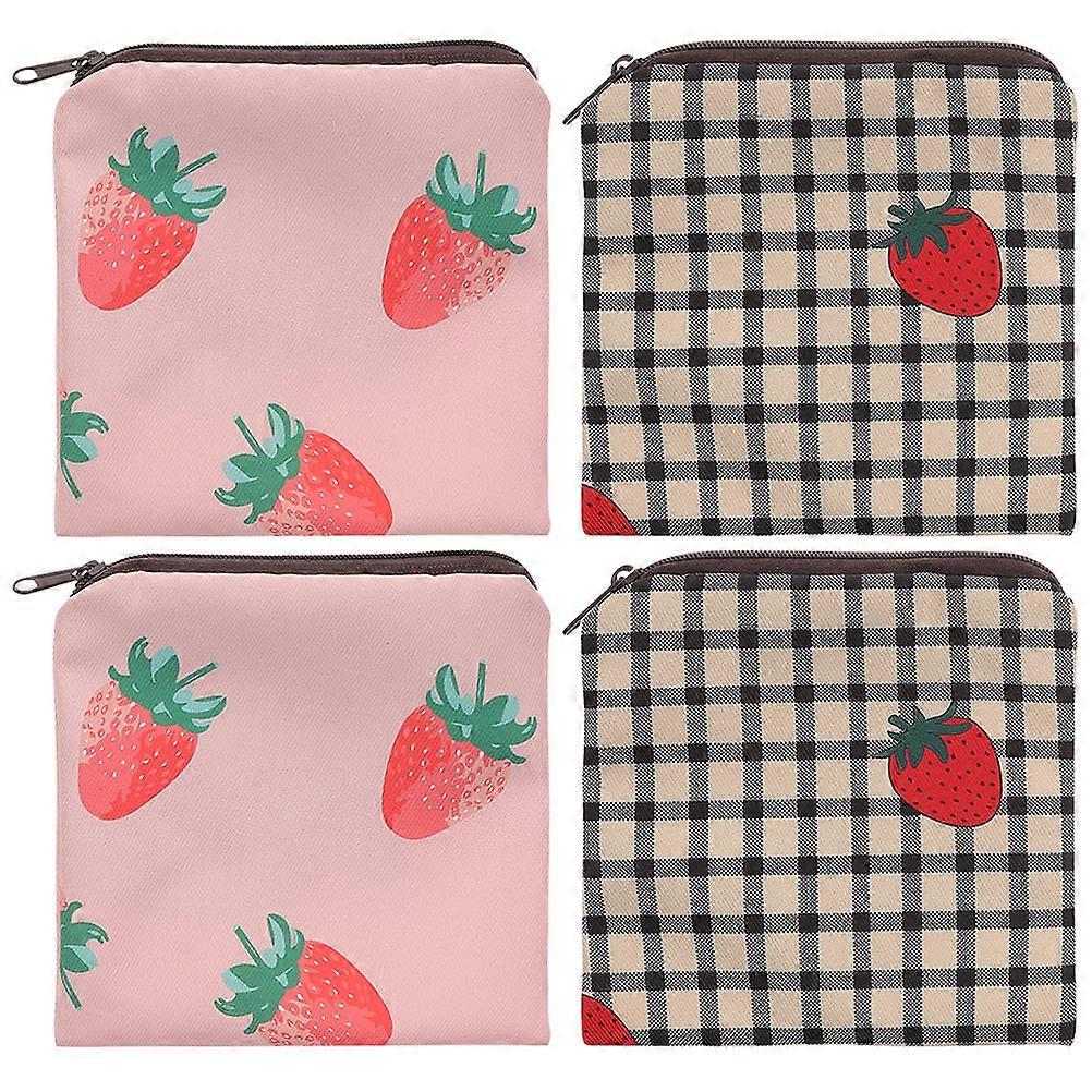 Cute 4 Pack Menstrual Pad Storage Bags with Zippered Design, Stylish Sanitary Pouch for Teens, First Period Kit, Strawberry Print