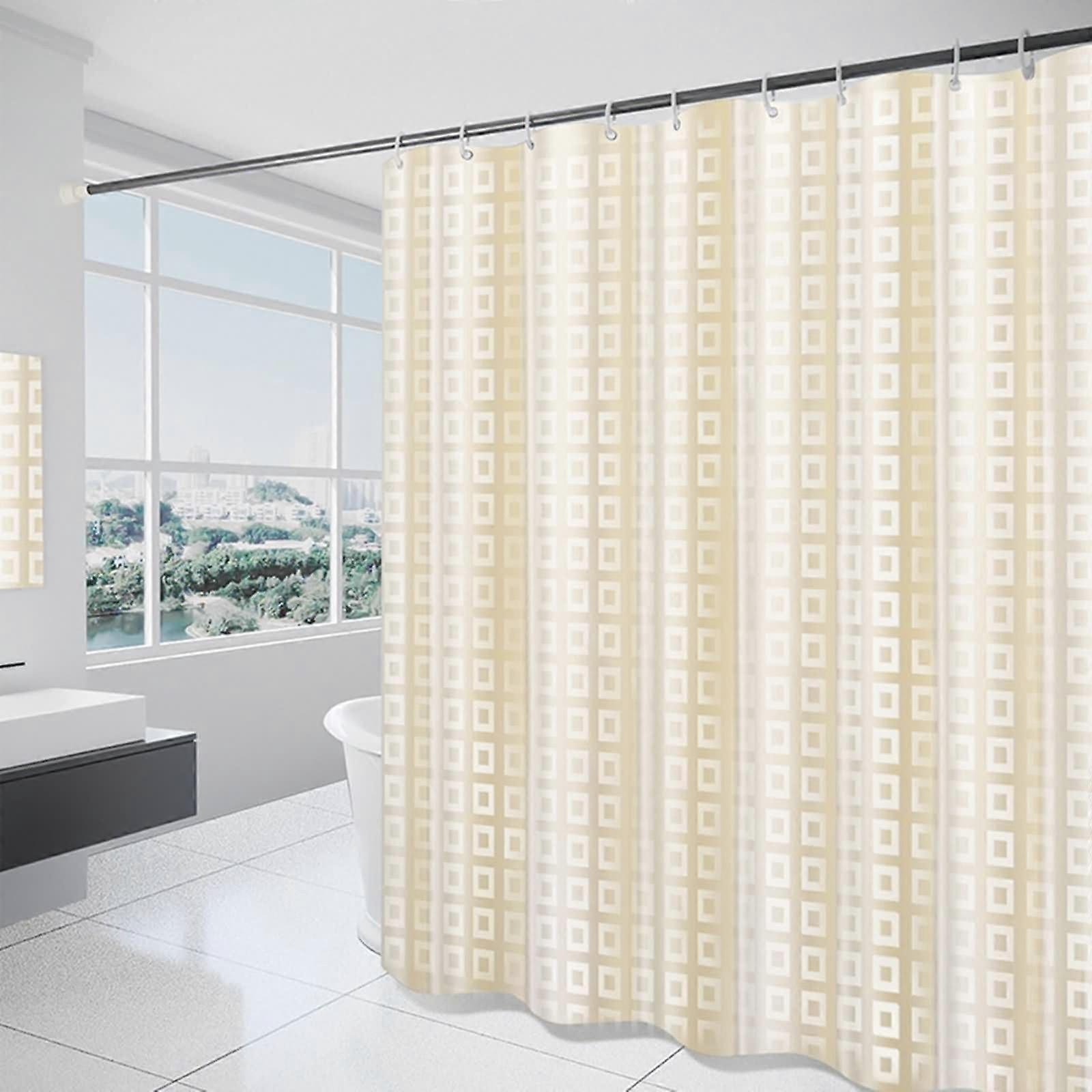 Shower Curtain With Eyelets For Bathtub 200 W X 200 H Cm Yellow Beige Square Pattern Polyester