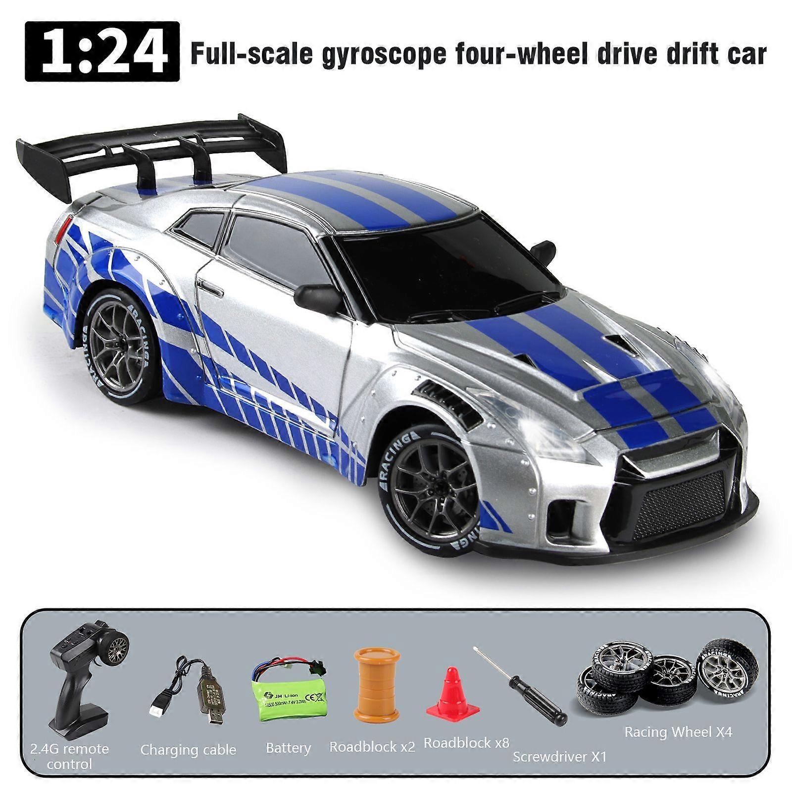 1/24 Scale 4WD Drift RC Car with 2 Speed Modes LED Lights & 50m Range 500mAhuA
