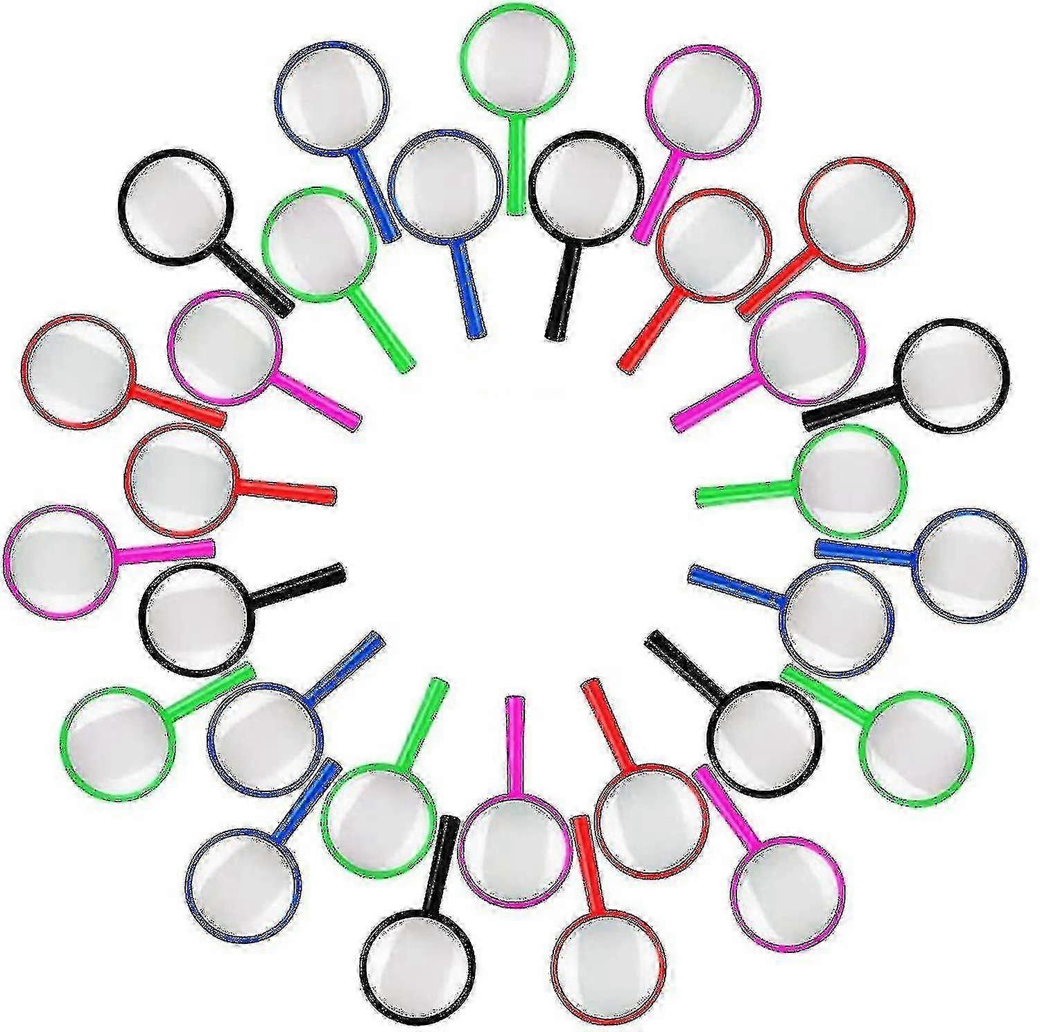 A 30-pack of colorful mini magnifying glasses is a fun and educational tool for kids to explore the world around them.
