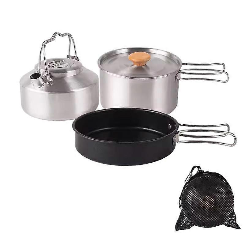 Outdoor stainless steel cookware set of three pieces, non-stick and portable, suitable for small groups