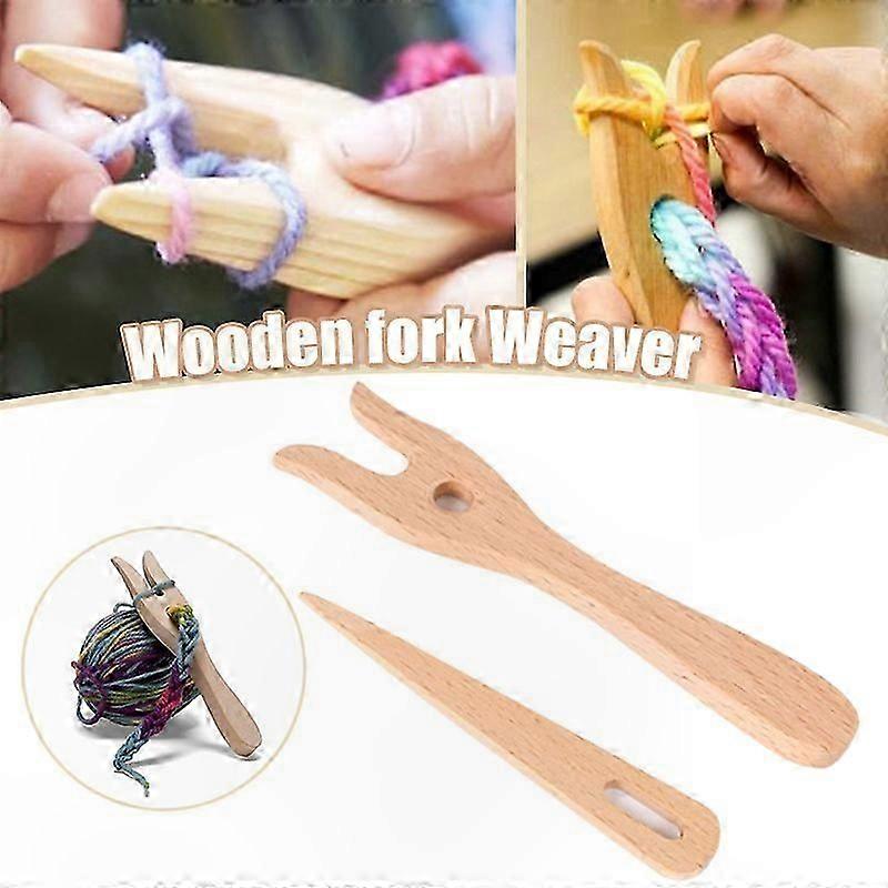 Wooden Knitting Fork and Large Eye Needle Set for Hand Weaving and DIY Cording Projects