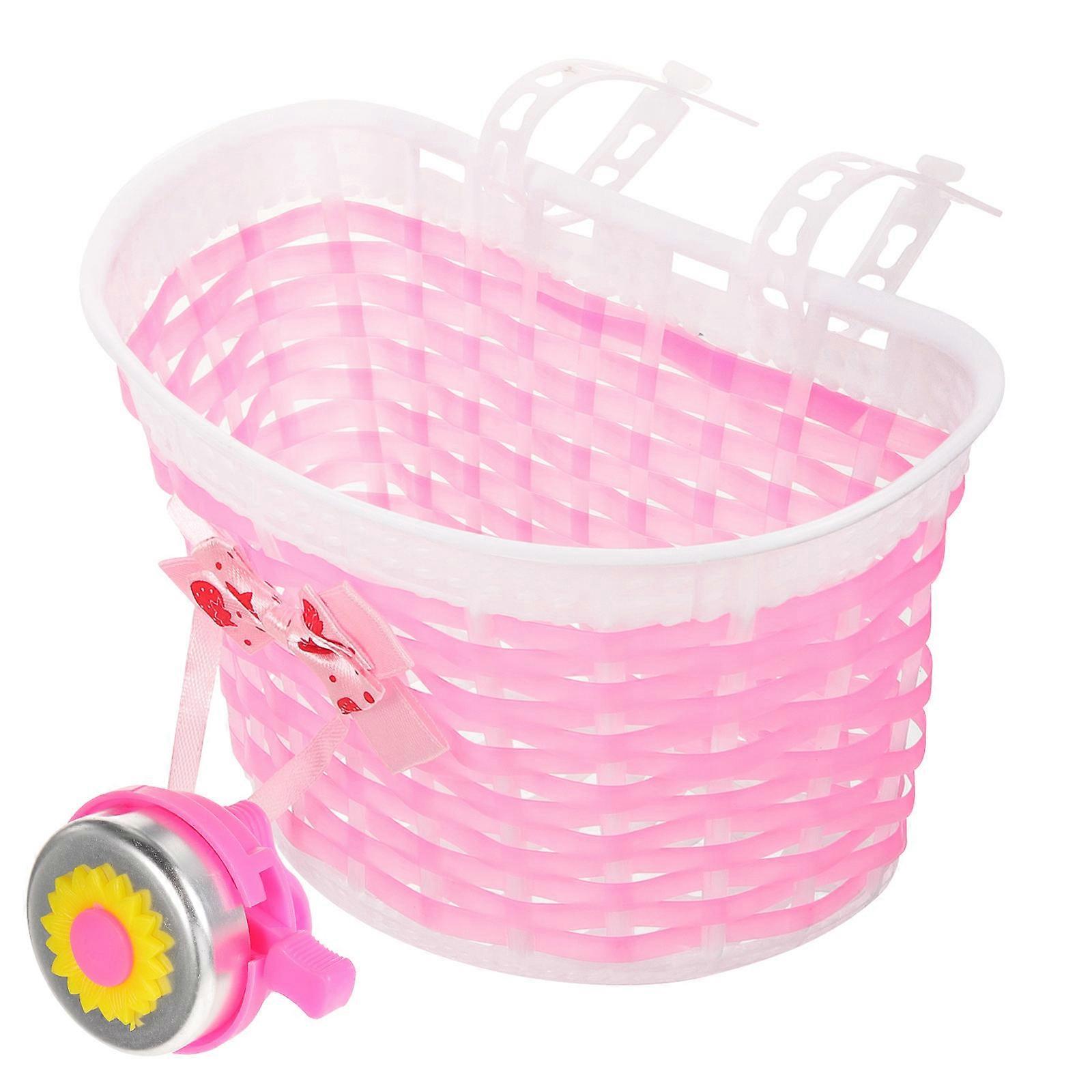 Kids Bike Front Basket With Bike Bell 21.7X13Cm Outdoor Cycling Storage Container 2 Sets Pink Durable