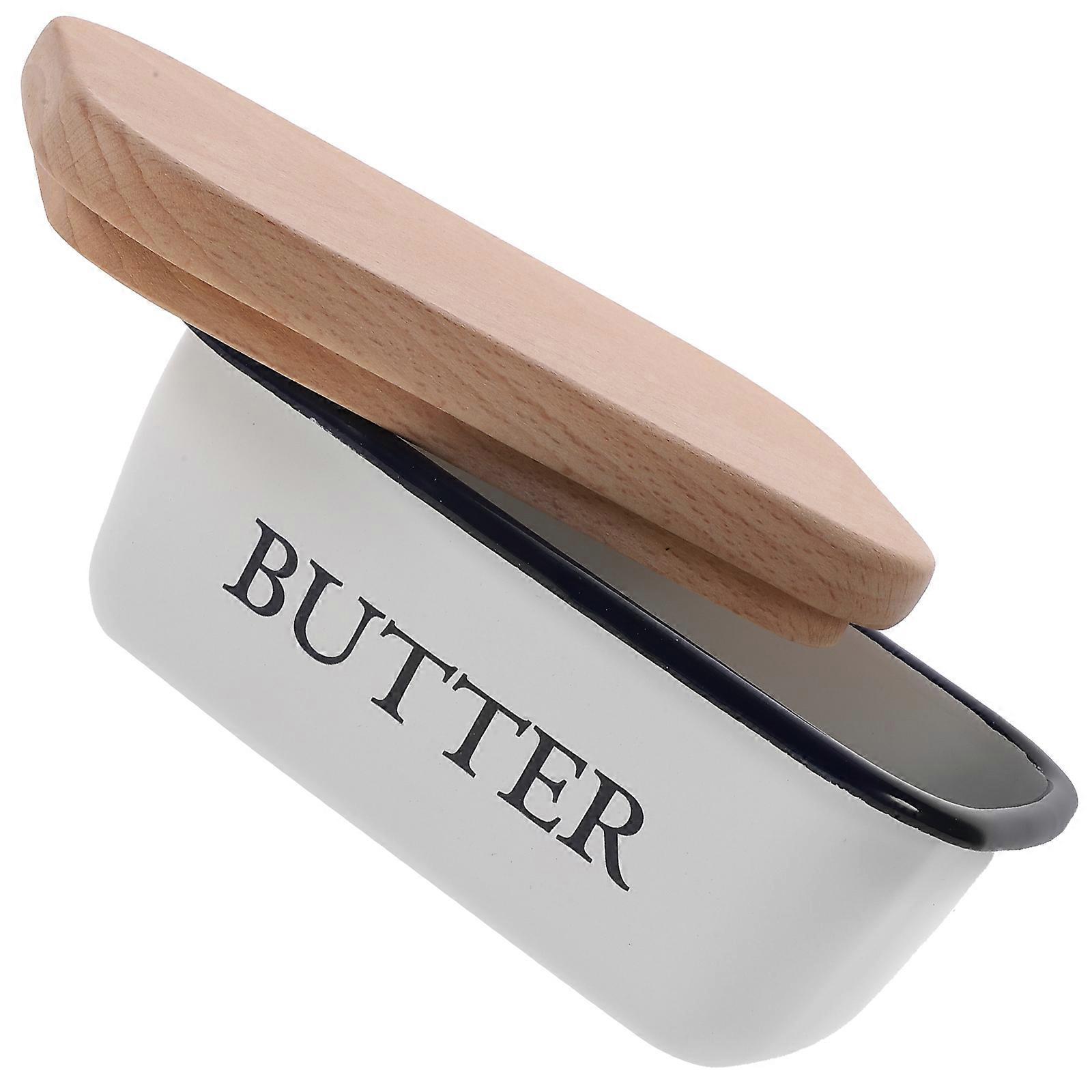 Enamel Butter Crock for Cheese Storage 2Pcs Wood Cover Included