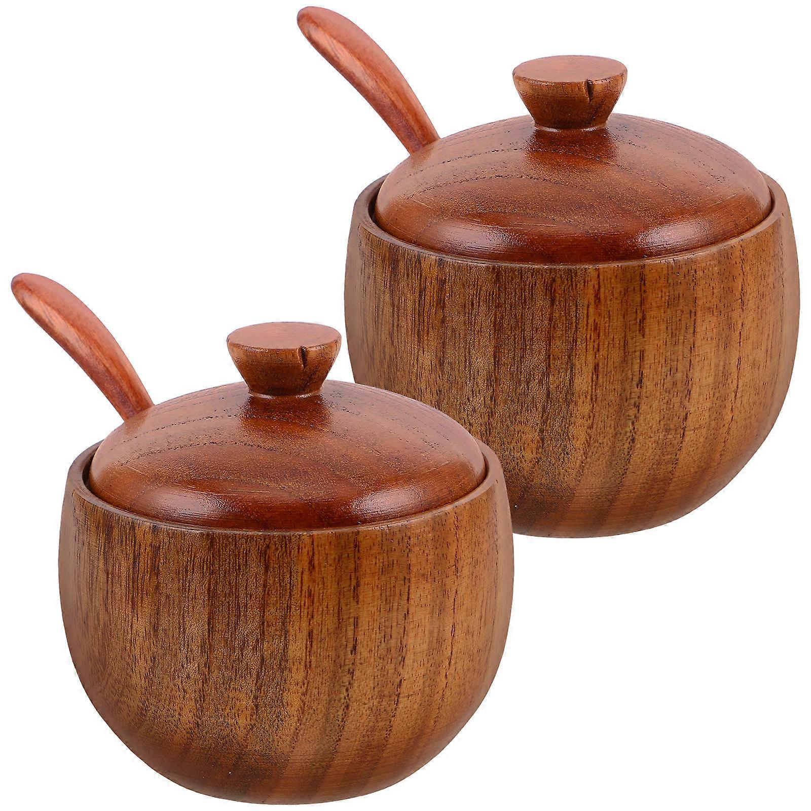 Salt and Spoon Container 1Set Rustic Charm Wooden Spice Box Kitchen Condiment Jar Brown for Seasoning Storage 2Pcs