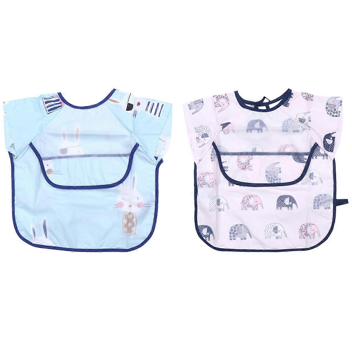 Kids Dining Bib Waterproof Overclothes for Eating with 2Pcs Cartoon Patterns