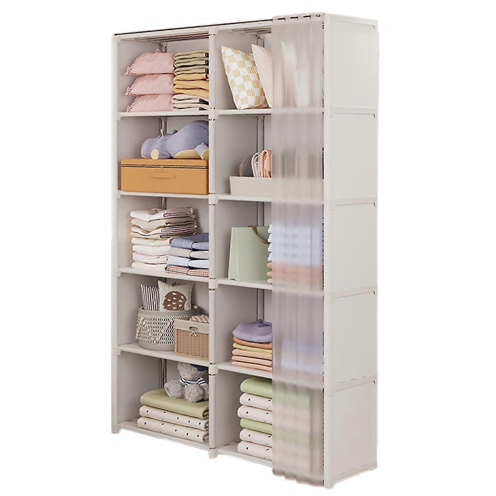 Portable Closet Organizer Rack White Double Row Six Layers Foldable Fabric Cabinet With Zippered Cover And Steel Frame