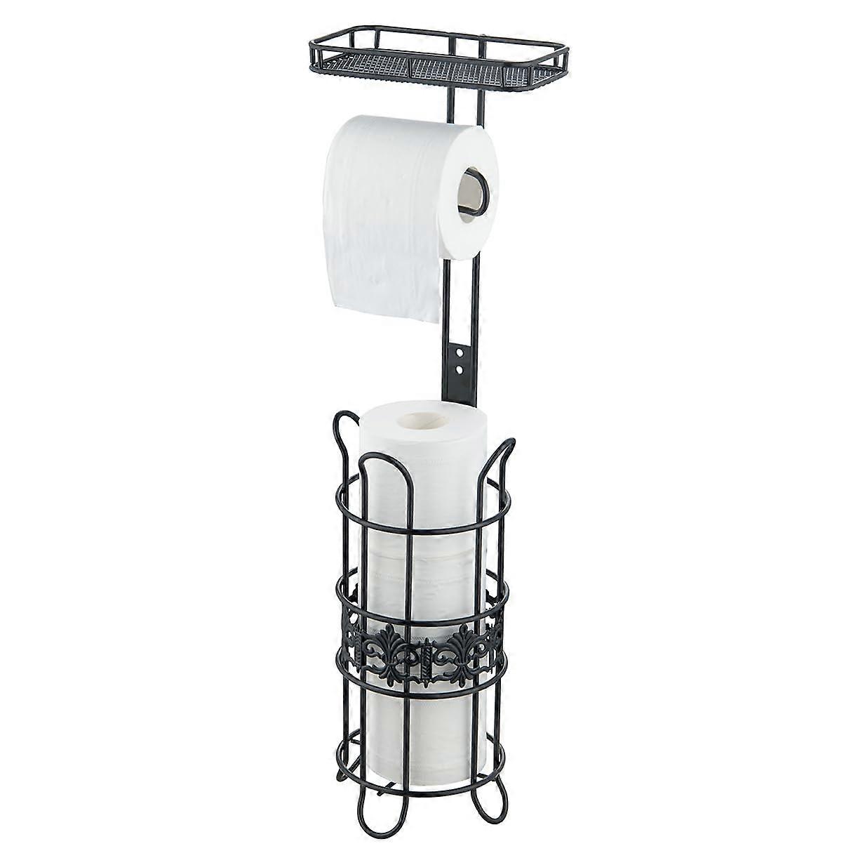 Freestanding Toilet Paper Holder with Adjustable Height Shelf for Bathroom Storage Holds 4 Mega Rolls Black