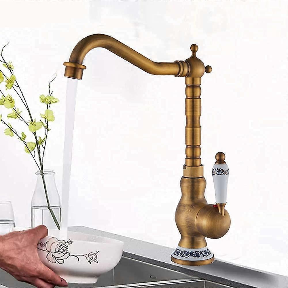 Antique Brass Kitchen Sink Faucet Single Handle 360° Swivel Spout Hot and Cold Mixer Tap