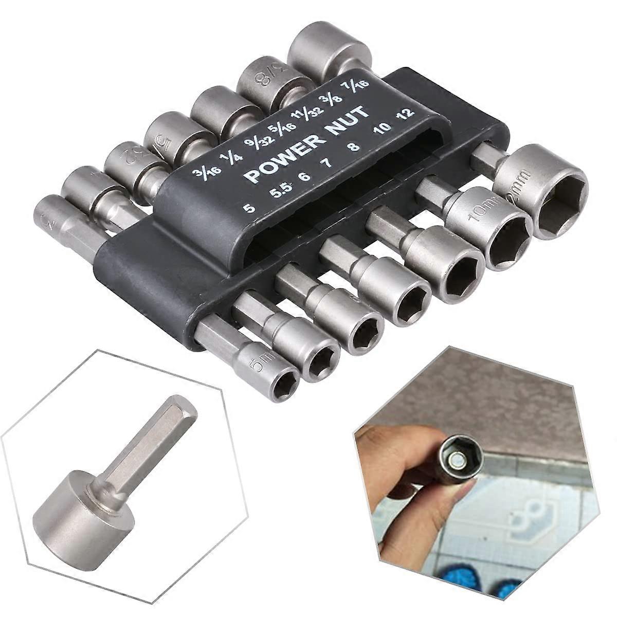 14 Piece Power Nut Driver Bit Set Metric and Inch Chrome Vanadium Steel Hex Socket Drill Bit Set