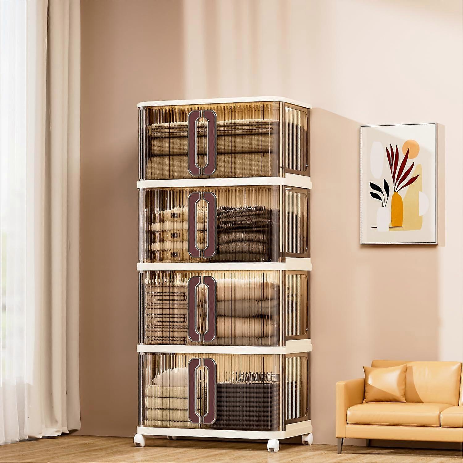 Plastic Storage Bins with Lid and Wheels, Stackable Collapsible Closet Organizer Box with Sliding Door, 4 Pack Coffee