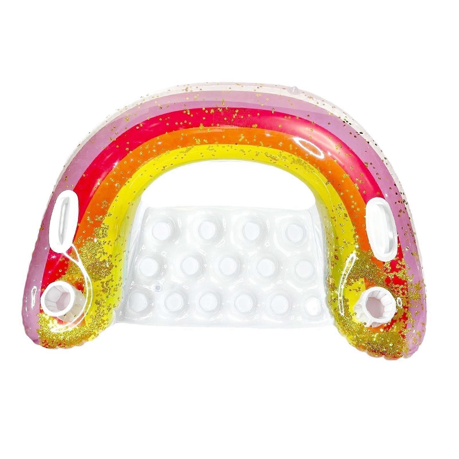 Inflatable Rainbow Pool Float Chair with Mesh Bottom, Dual Cup Holders and Backrest for Adults