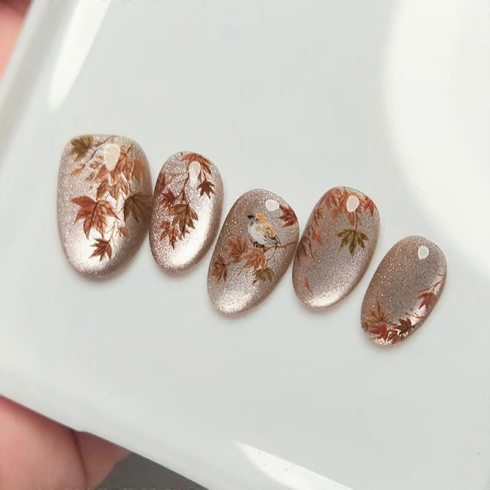 30 Pcs Cat Eye Almond Press On Nails Nude Maple Leaf Design Medium Glossy Autumn False Nails Kit