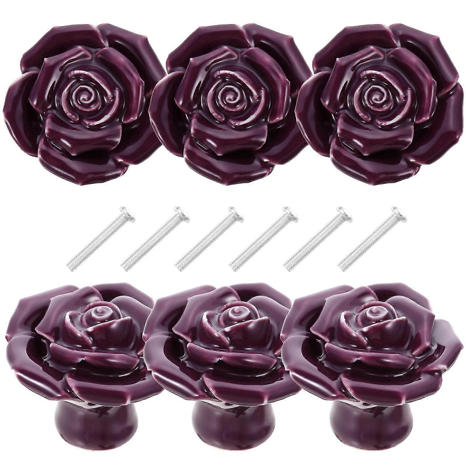 Decorative Purple Ceramic Rose Drawer Knobs for Cabinet 30Sets