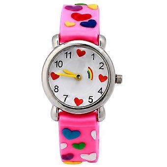 1Pc 3D Kinder Cartoon Uhr Zarte Liebe Herz Muster Armband Armband Umweltfreundliche Schüleruhr (Rosa)