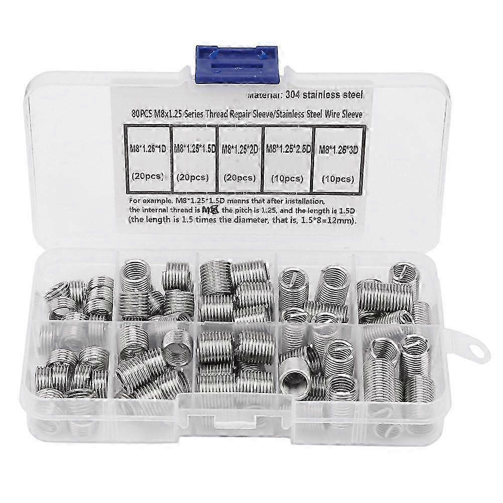 80PCS  M8*1.25 Stainless Steel Coiled Wire Helical Screw Threaded Inserts Set
