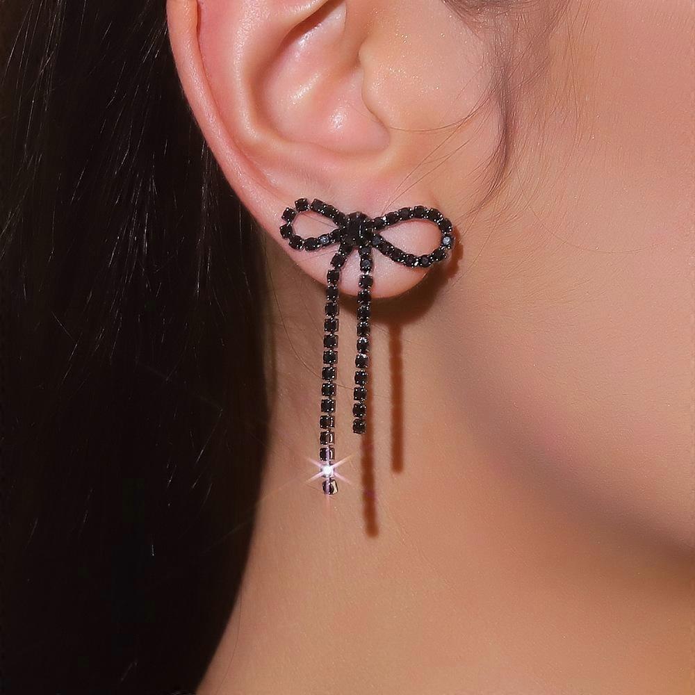 Brass Rhinestone Stud Earrings Bowknot Jet 44x27mm