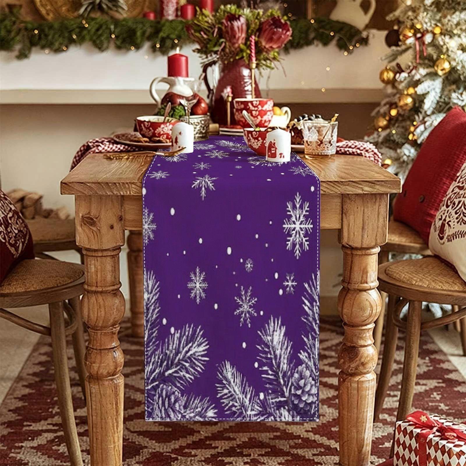 Purple Winter Snowflake Pinecone Table Runner - Festive Holiday Design for Dining Table