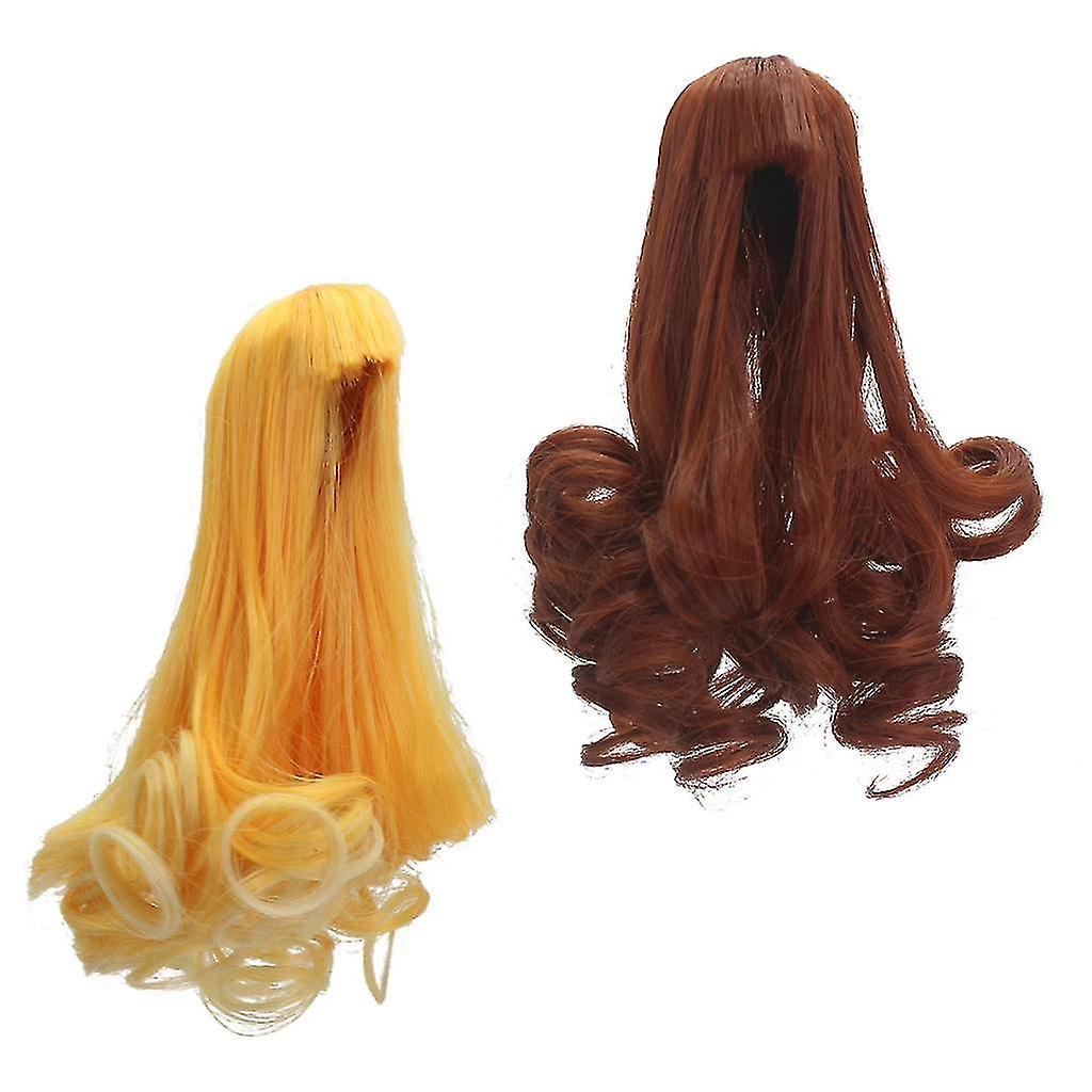 2pcs Long Wavy Hair Wig For 11.5-14cm Doll Head Circumference Diy Making Supplies Yellowbrown