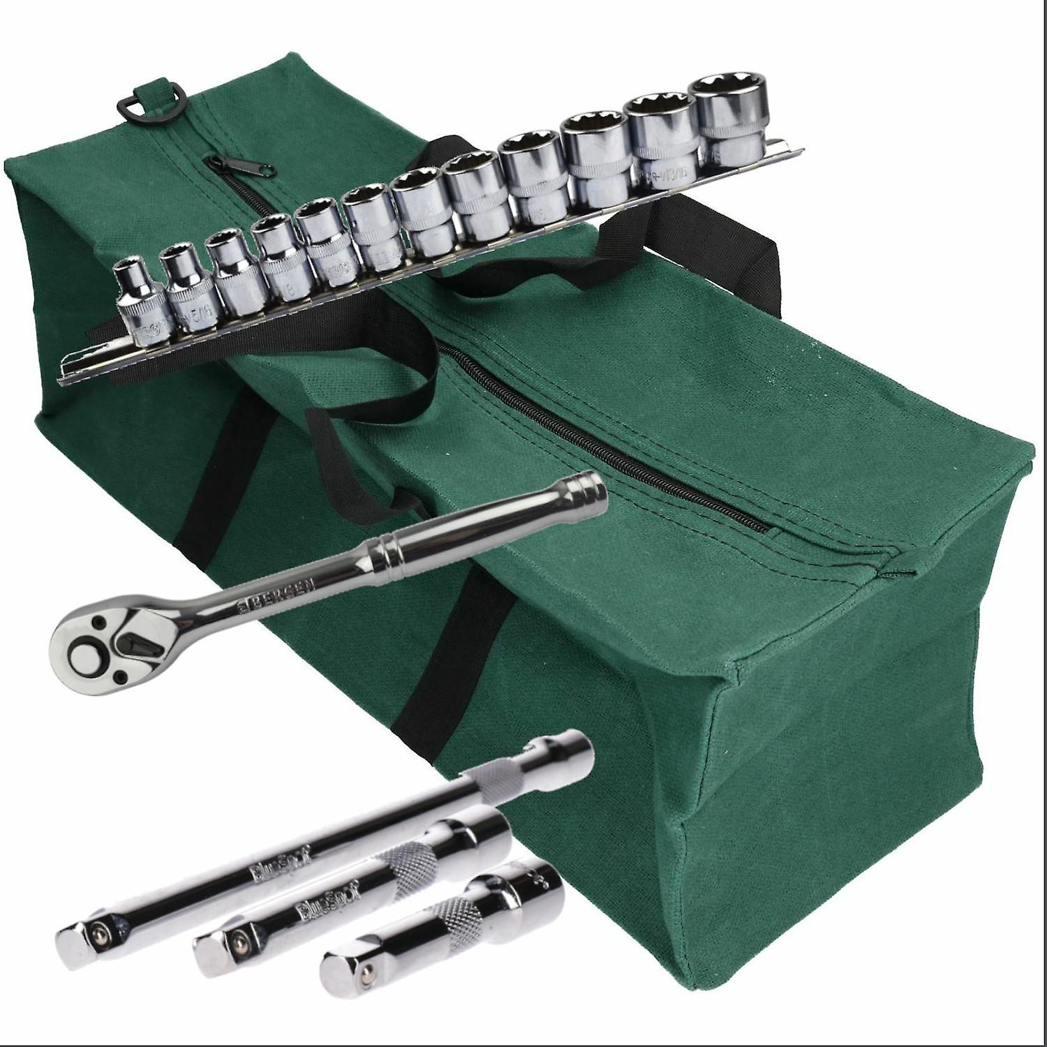17pc Imperial AF Socket Set SAE Inch Sockets Extensions Ratchet 3/8"dr Tool Bag