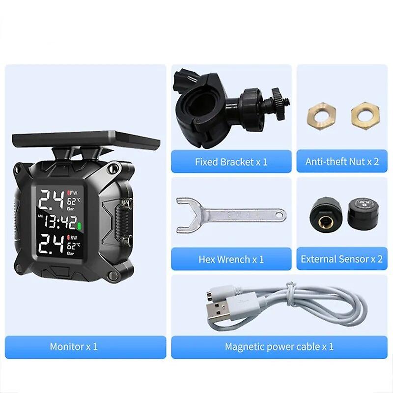 External Sensors Tire Pressure Monitoring System Display Wireless Tpms Motorcycle Solar Charge Tyre Temperature Alarm Sensor