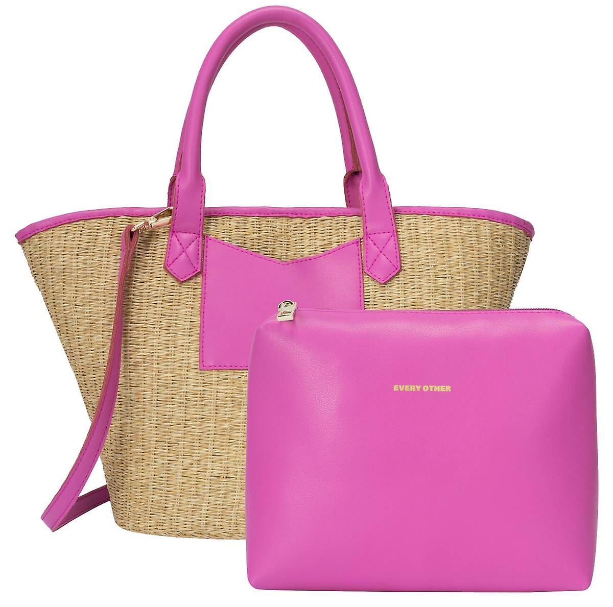 Every Other Large Straw Rattan Tote Bag - Fuchsia