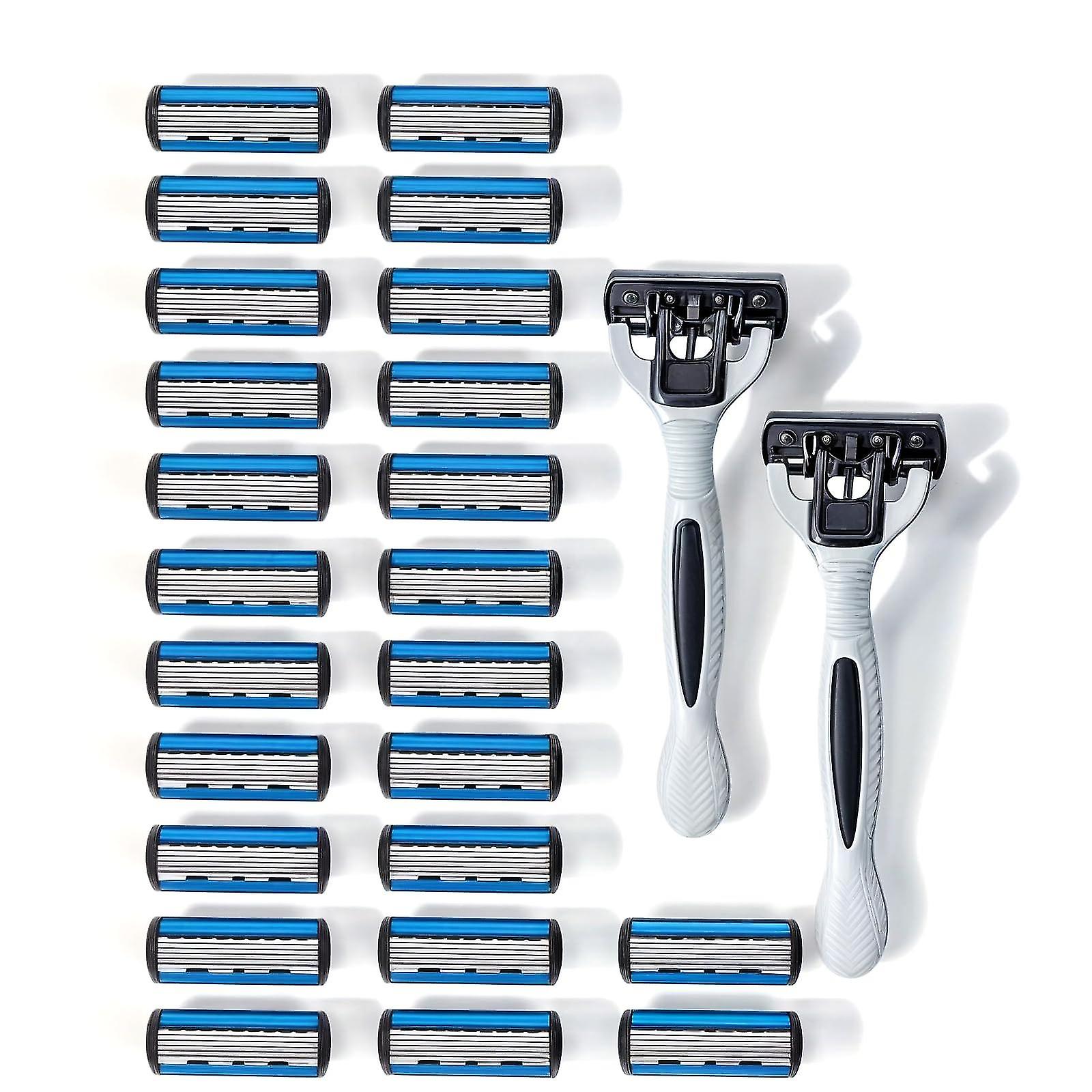 6 Blade Shaving Razor for Men Beard Mustache- 24 Stainless Steel lubricated Replaceable Blades+ 2 Non-slip Handles