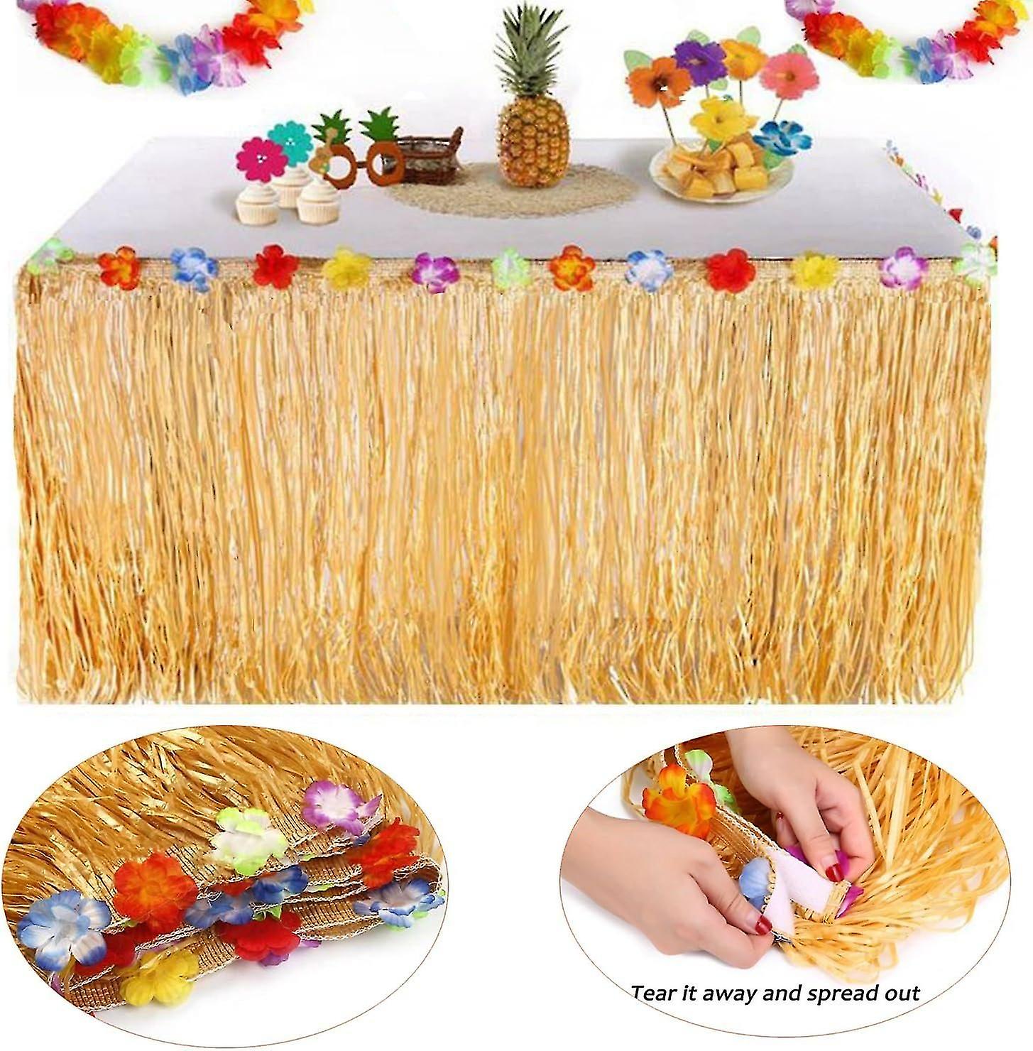 Hawaiian Luau Table Skirt - 9ft Hibiscus Grass Hawaiian Luau Table Skirt with 26 Faux Silk Flowers f