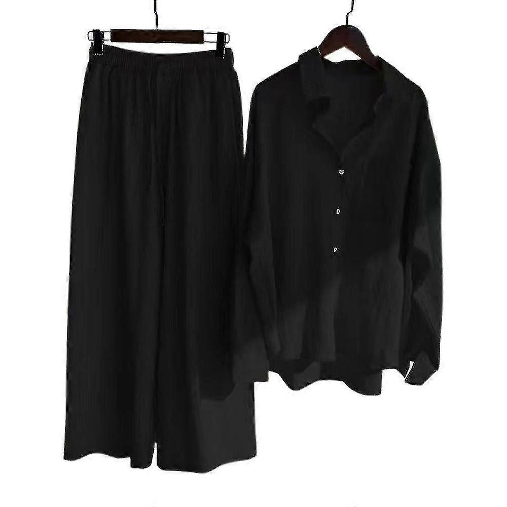 Women's Solid Long Sleeve Casual Suit Outfit Loose Shirt Blouse Tops + Elastic Waisted Wide Leg Pants Trousers Set