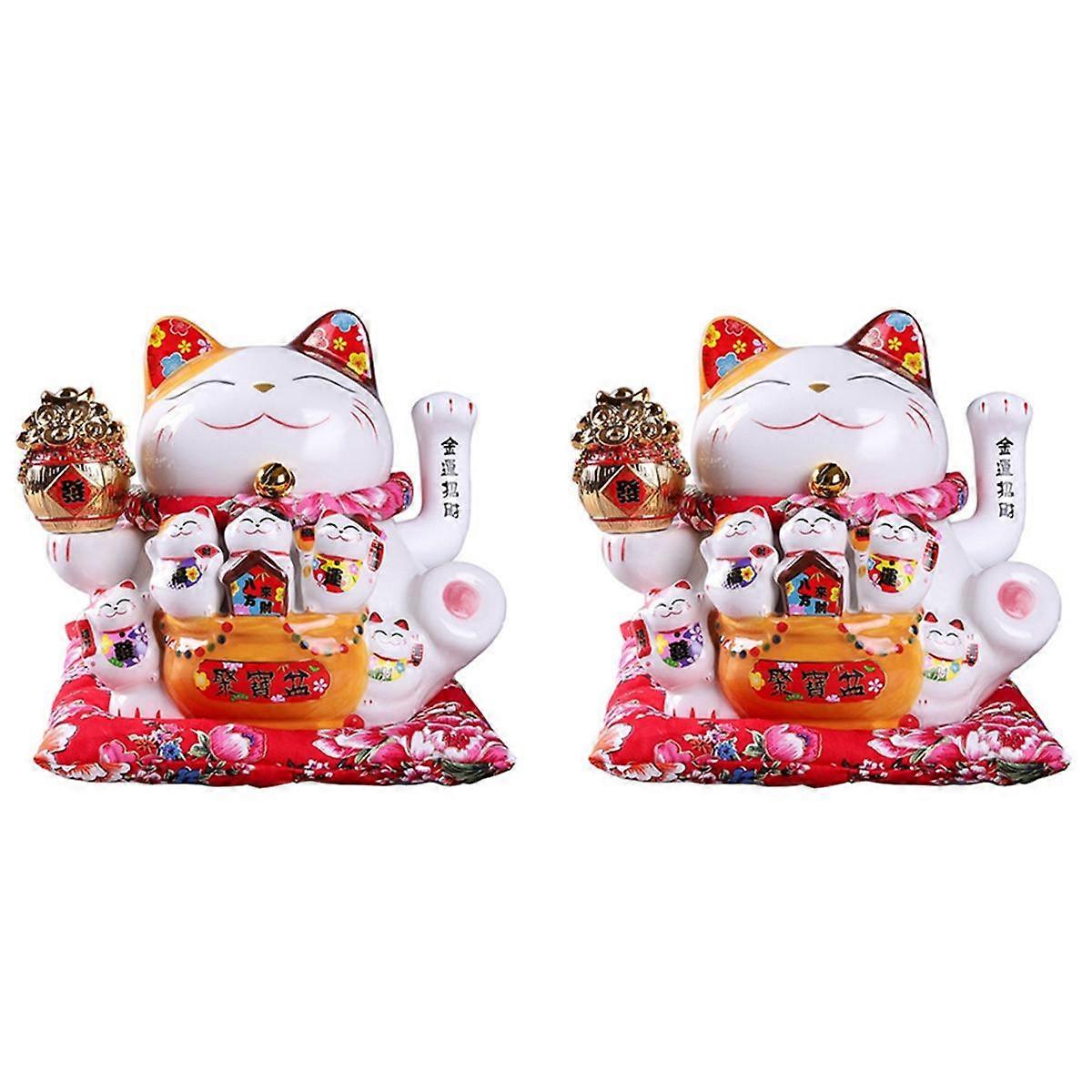 2pcs 7Inch Ceramic Beckoning Cat Maneki Ornament Feng Shui Decoration Swing ,A