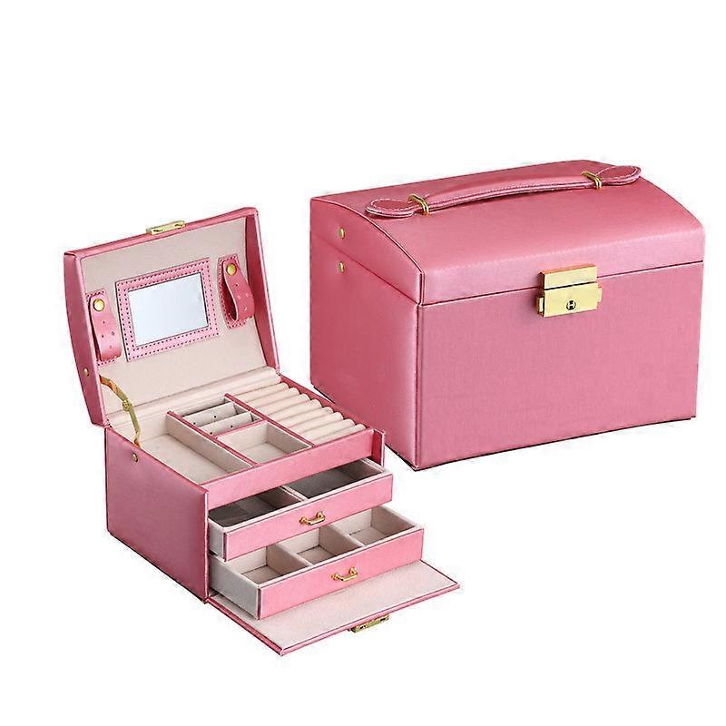 PU Jewelry Box with Mirror 3 Layers Portable Necklace Ring Earrings Lockable Organizer Case with