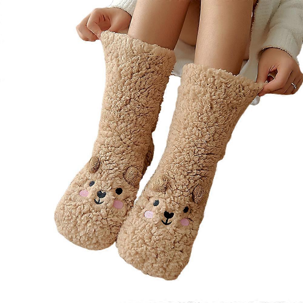 Women Winter Bear Coral Fleece Floor Socks Thick Warm Home Slippers Plush Snow Socks