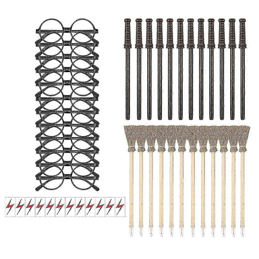 Wizard Party Set Witch Broom Pencils,wizard Glasses With Round Frame No Lenses,-pattern Bolt Tempor
