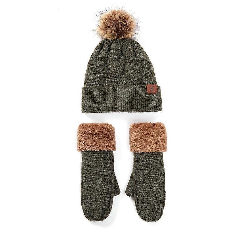 Hat and Gloves for Women, Thermal Winter Hat and Mitten 2 Pcs Set Army Green
