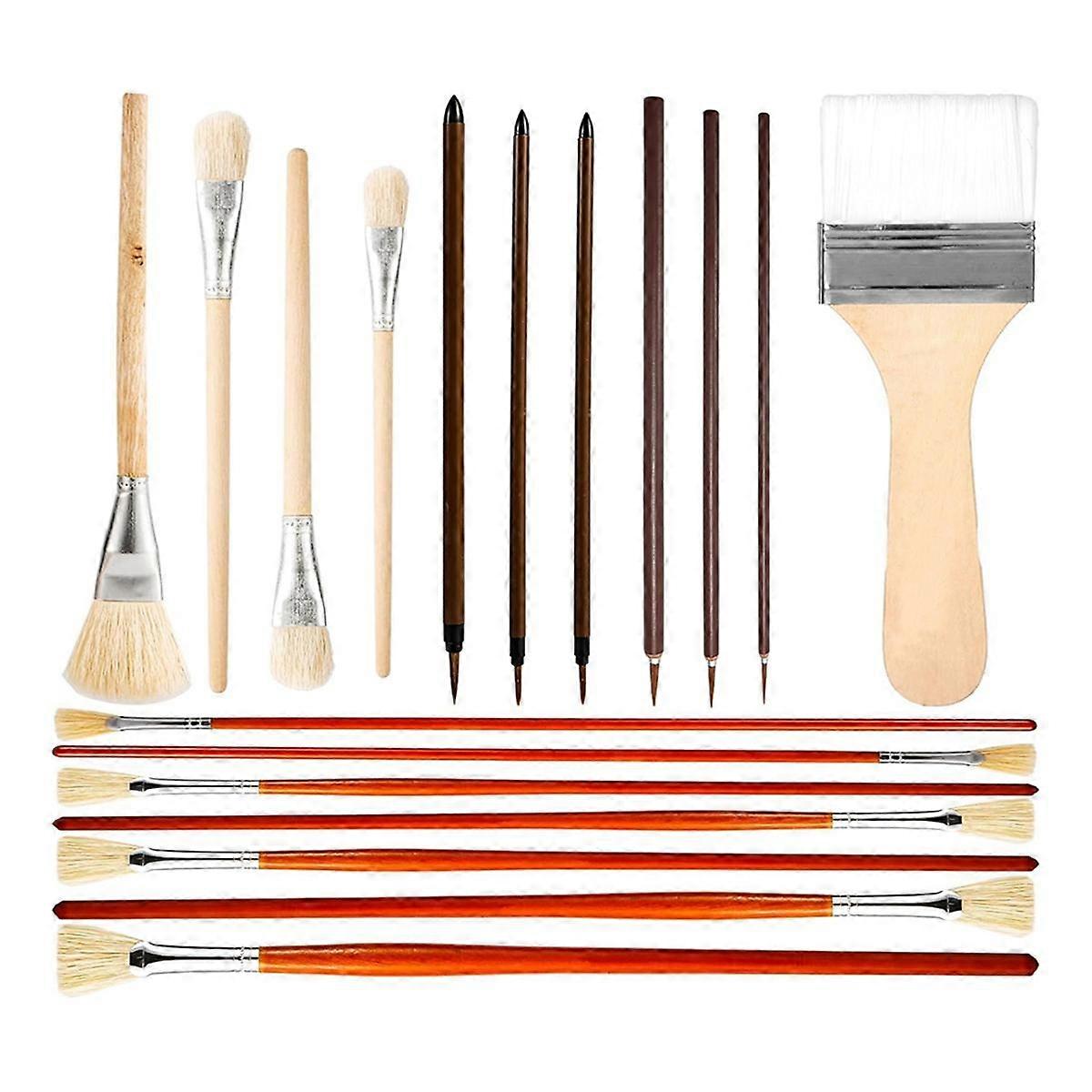 18pcs Pottery Glaze Brushes, Wood Long Handle Artist Fan Paint Ceramic Brushes Set for Acrylic Oil